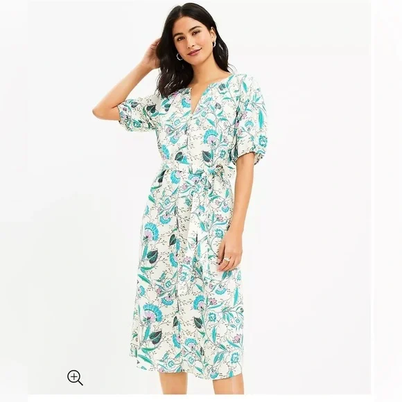 Loft Floral V-Neck Puff Sleeve Midi Dress - Picture 1 of 11